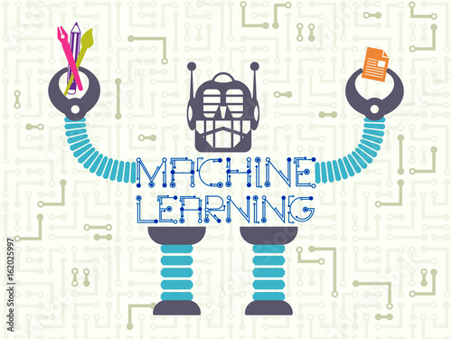 Data technology and machine learning concept. Robot raising hands holding material and tools for study with electronic circuit on background.