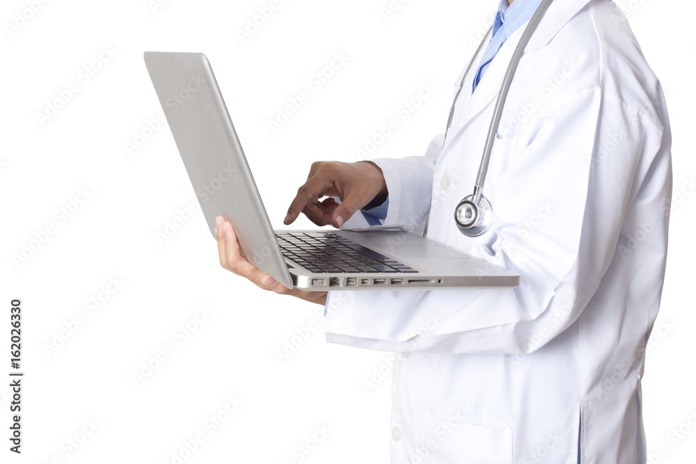 Doctor holding and using laptop computer on white background.