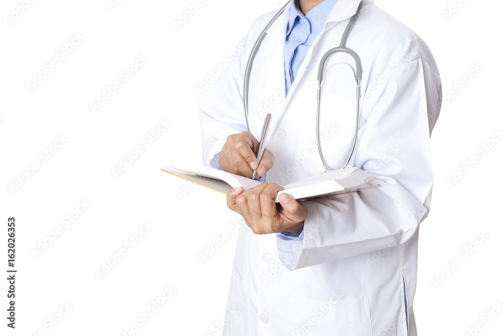 Doctor writes in a notebook on white background. Doctor writes in a notebook on white background.