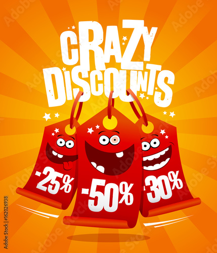 Crazy discounts vector poster concept with madness smiling price tags