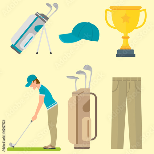 Vector set of stylized golf icons hobby equipment collection cart golfer player sport symbols