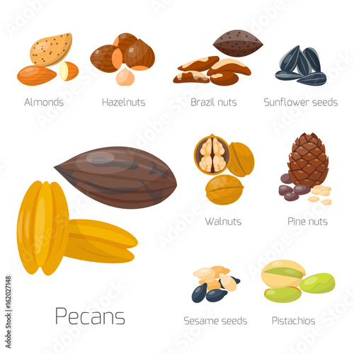 Piles of different nuts pistachio hazelnut almond peanut walnut tasty seed ve...