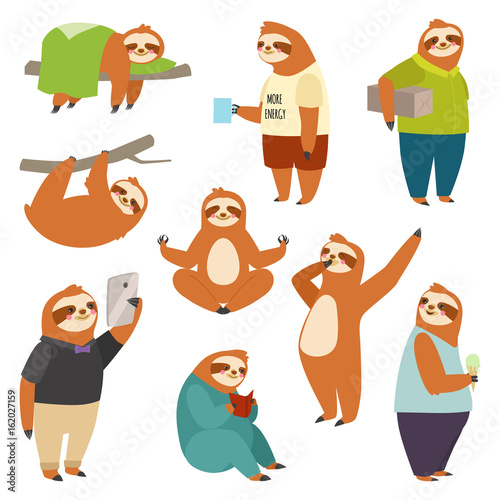 Laziness sloth animal character different human pose lazy cartoon kawaii wild jungle mammal flat design vector illustration people life role