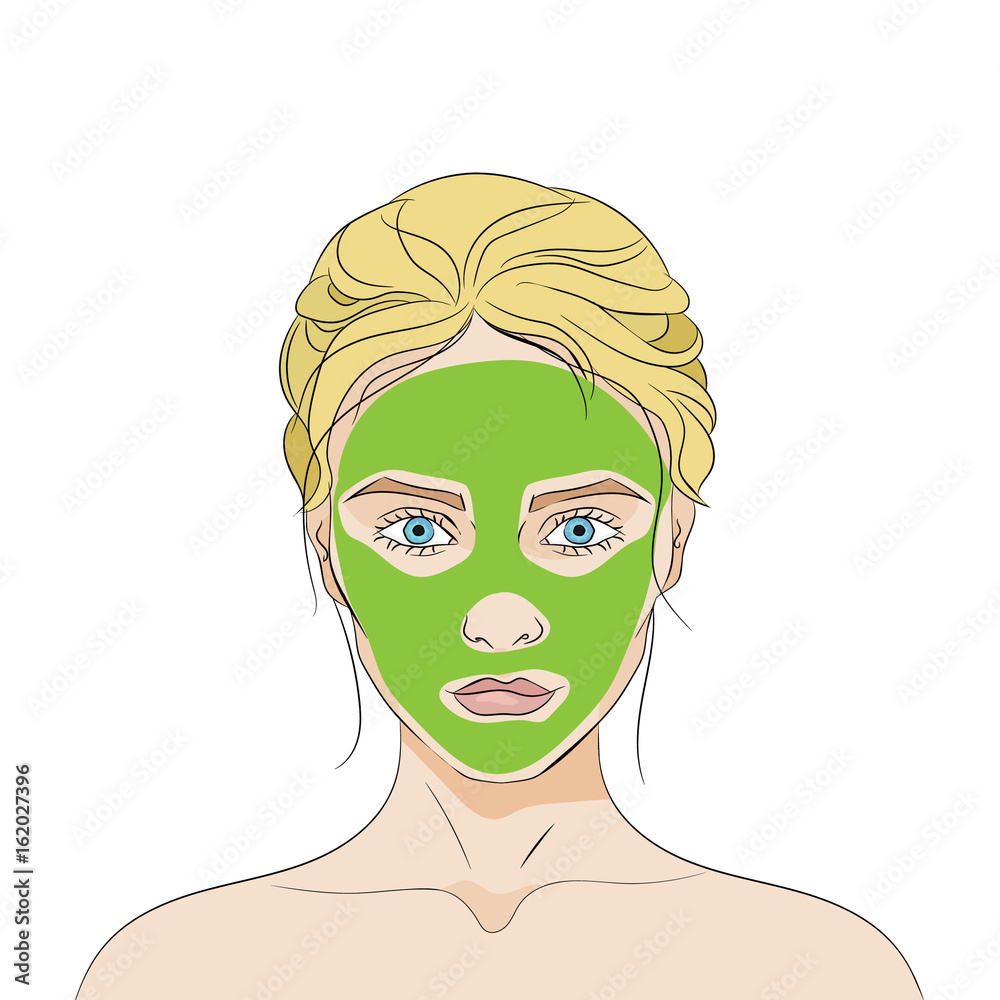 Beautiful woman face with green cosmetic mask on white background Beautiful woman face with green cosmetic mask on white background
