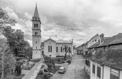 Black and white view of the Roman Catholic Church Sf. Iosif, Citadel, Sighisoara, Romania photo
