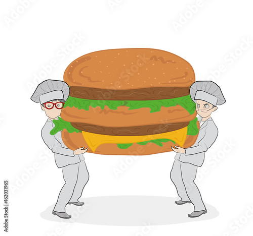 Two cooks are holding a hamburger. Hand drawn cartoon vector illustration for design and infographics.