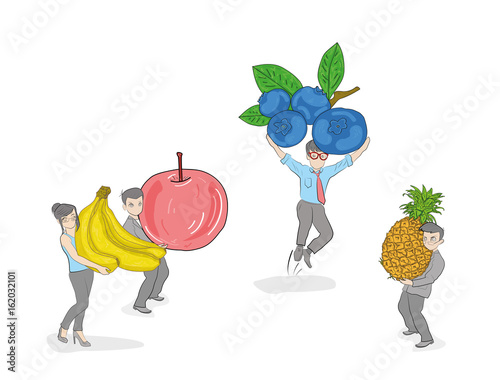 Little people harvest berries and fruits. Hand drawn cartoon vector illustration for design and infographics.
