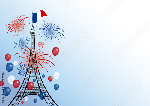 Vector 14 july bastille day design of eiffel with firework and balloon