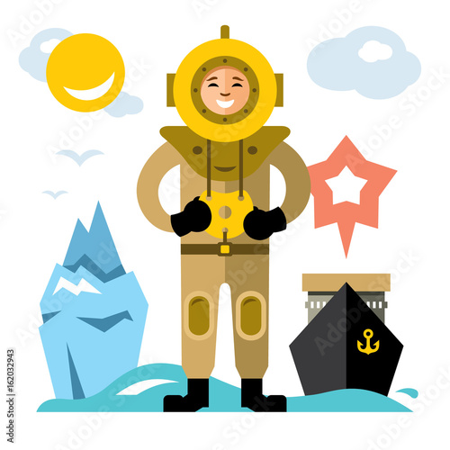 Vector Underwater diving. Antique scuba diver. Flat style colorful Cartoon illustration.
