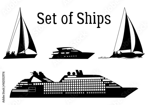 Set of Marine Vehicles, Ship, Sailboat, Yacht, Black Silhouettes Isolated on White Background. Vector