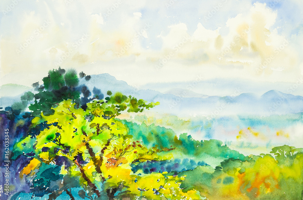 Watercolor original painting  landscape and beautiful  cloud in the sky  background