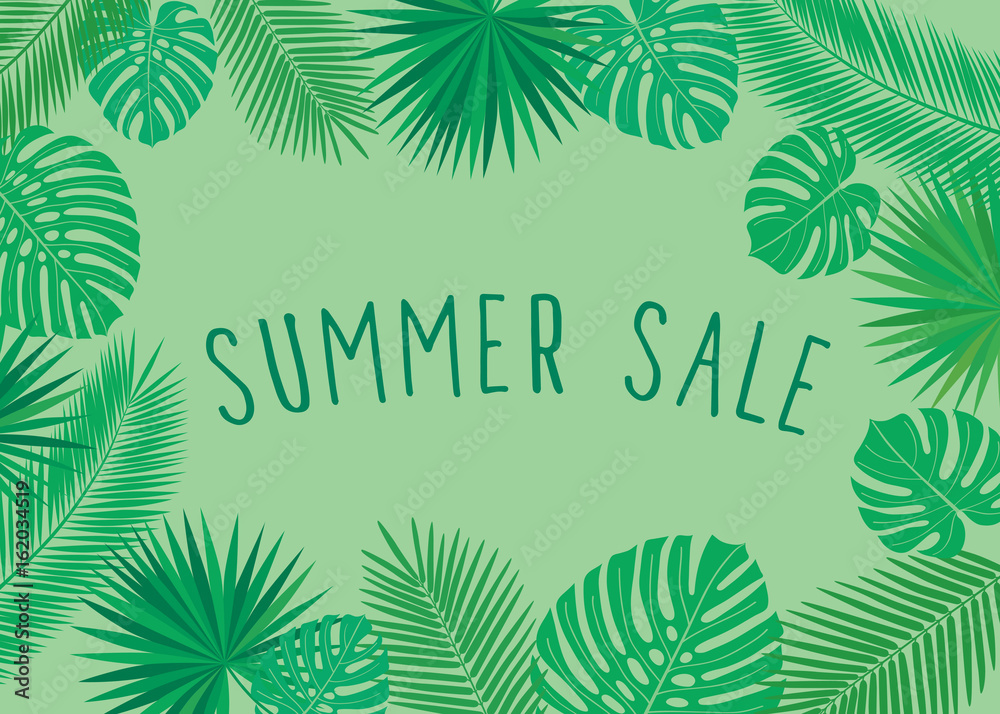 Summer sale. Promotional poster with green tropical leaves. Vector.