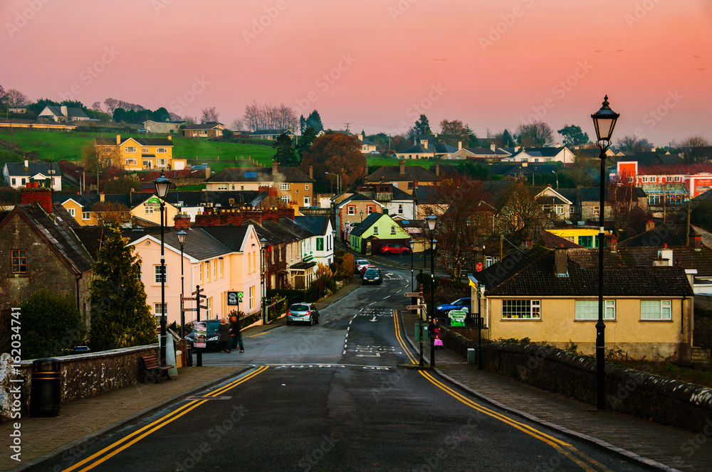 Cashel, Ireland. Aerial view of small town in the evening