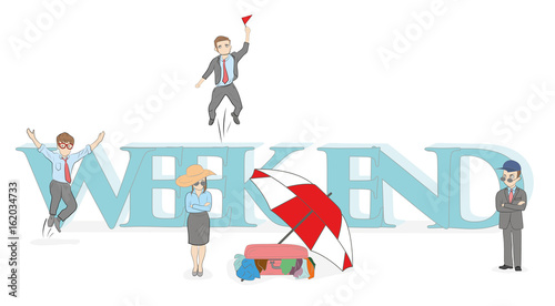 Sketch of little people with a big word "weekend". Hand drawn cartoon vector illustration for design and infographics.
