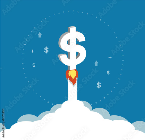 dollar icon rising as a rocket increase value on international financial markets symbol, business concept  