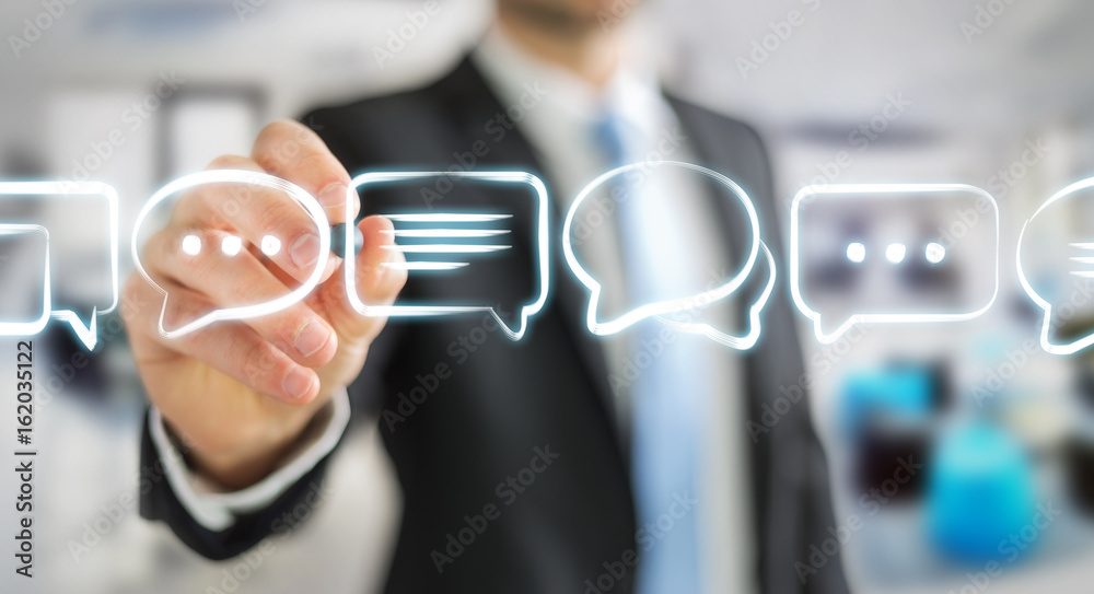 Businessman drawing discussion icons sketch