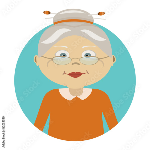 Modern vector illustration of old woman with glasses. Icon of person. Image is out of circle range. Flat icon of granny's face. The character. Avatar for web.