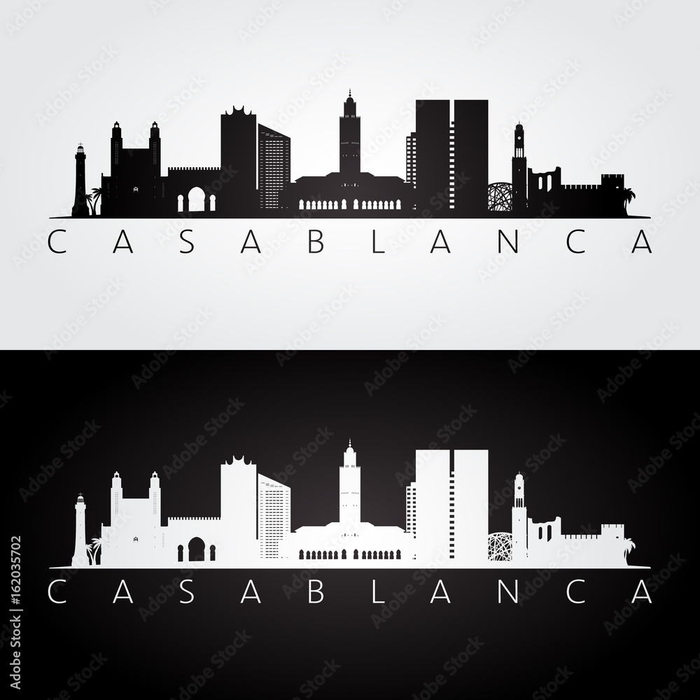 Casablanca skyline and landmarks silhouette, black and white design, vector illustration.