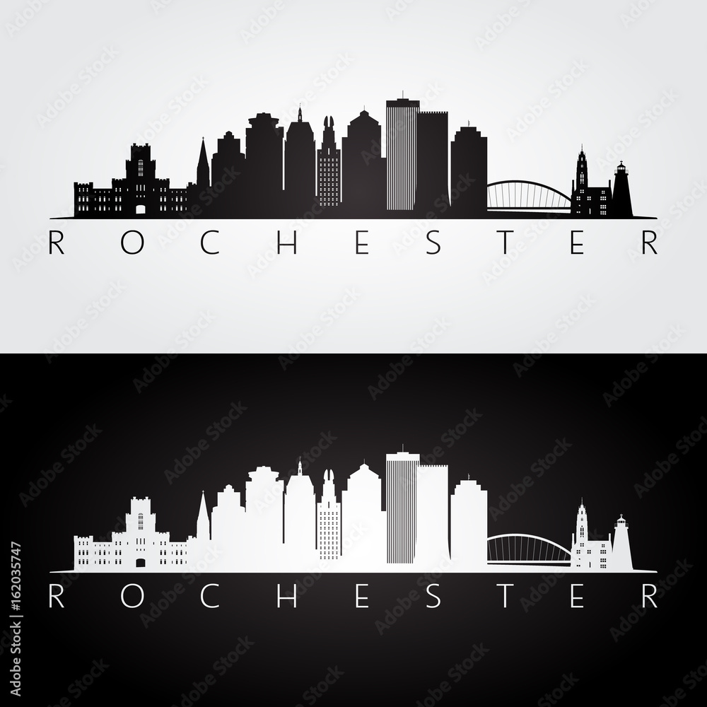 Rochester USA skyline and landmarks silhouette, black and white design, vector illustration.