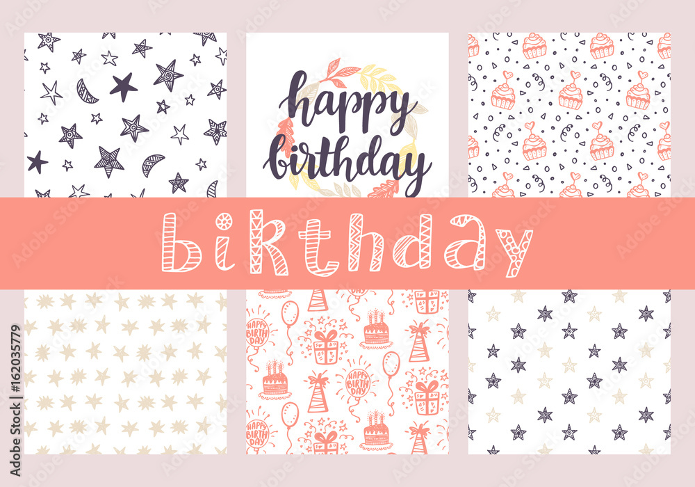 Happy Birthday seamless patterns and hand lettering collection