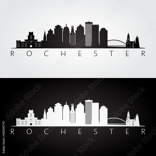 Rochester USA skyline and landmarks silhouette, black and white design, vector illustration.