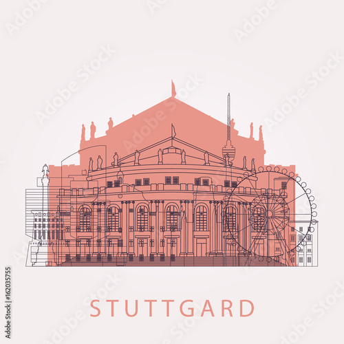 Outline Stuttgart skyline with landmarks. Vector illustration. Business travel and tourism concept with historic buildings. Image for presentation, banner, placard and web site.