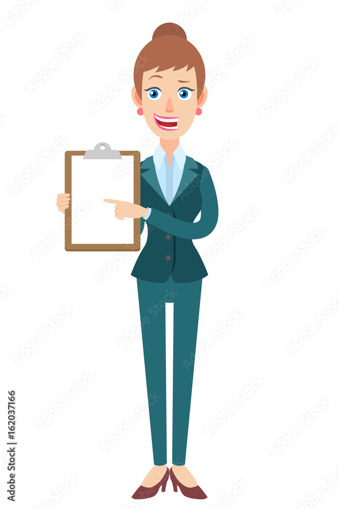 Businesswoman pointing at clipboard