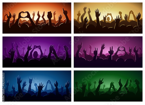 Party human hands silhouette music festival or concert streaming down from above stage fan zone vector illustration