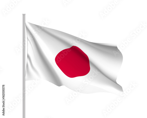 Waving flag of Japan. Illustration of Asian country flag on flagpole. Vector 3d icon isolated on white background