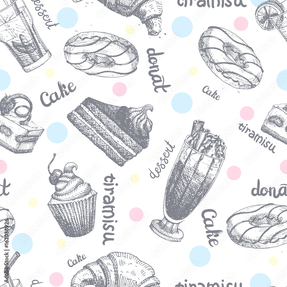 Seamless pattern with desserts hand drawn pancakes and sweet buns sketch cake cream vector illustration. Seamless pattern with desserts hand drawn pancakes and sweet buns sketch cake cream vector illustration.