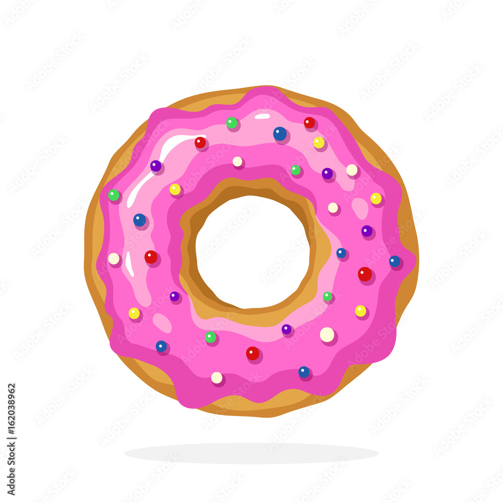 Vector illustration in cartoon style. Donut with pink glaze and colored sugar dragees. Decoration for menus, signboards, showcases, prints for clothes, posters, wallpapers Vector illustration in cartoon style. Donut with pink glaze and colored sugar dragees. Decoration for menus, signboards, showcases, prints for clothes, posters, wallpapers