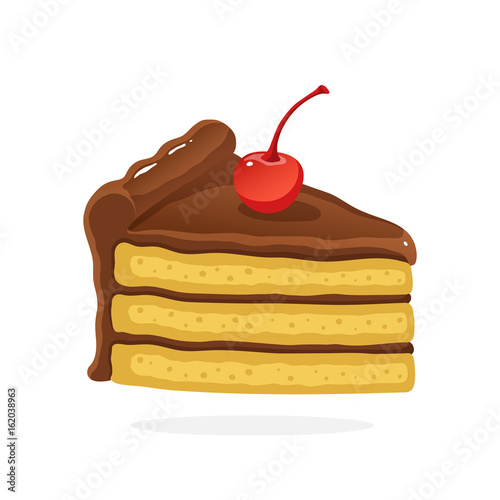 Vector illustration in cartoon style. А piece of cake with chocolate cream and cherry. Decoration for menus, signboards, showcases, prints for clothes, posters, wallpapers