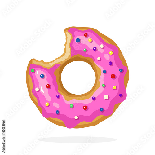 Vector illustration in cartoon style. Bitten donut with pink glaze and colored sugar dragees. Decoration for menus, signboards, showcases, prints for clothes, posters, wallpapers