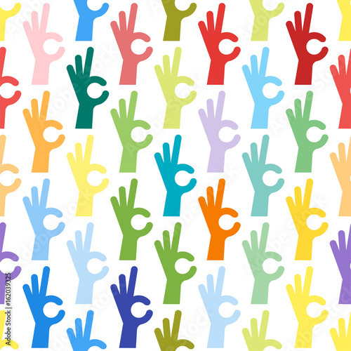 Ok hands success gesture okey yes agreement signal seamless pattern human agree best approval vector.