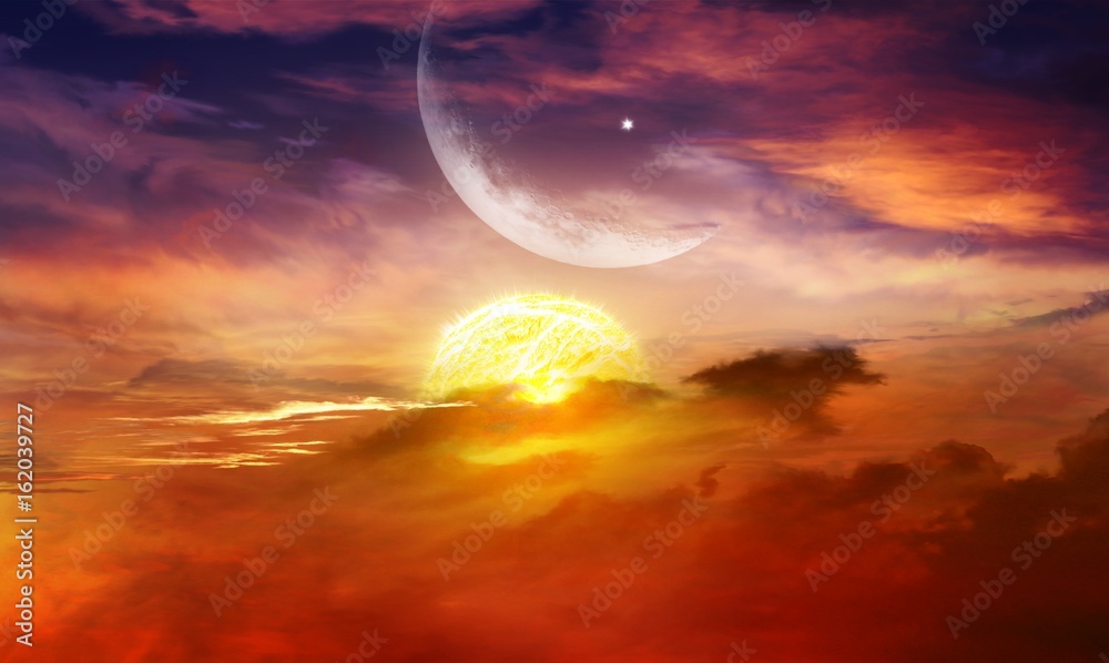 Glowing sunset . Ramadan Kareem .