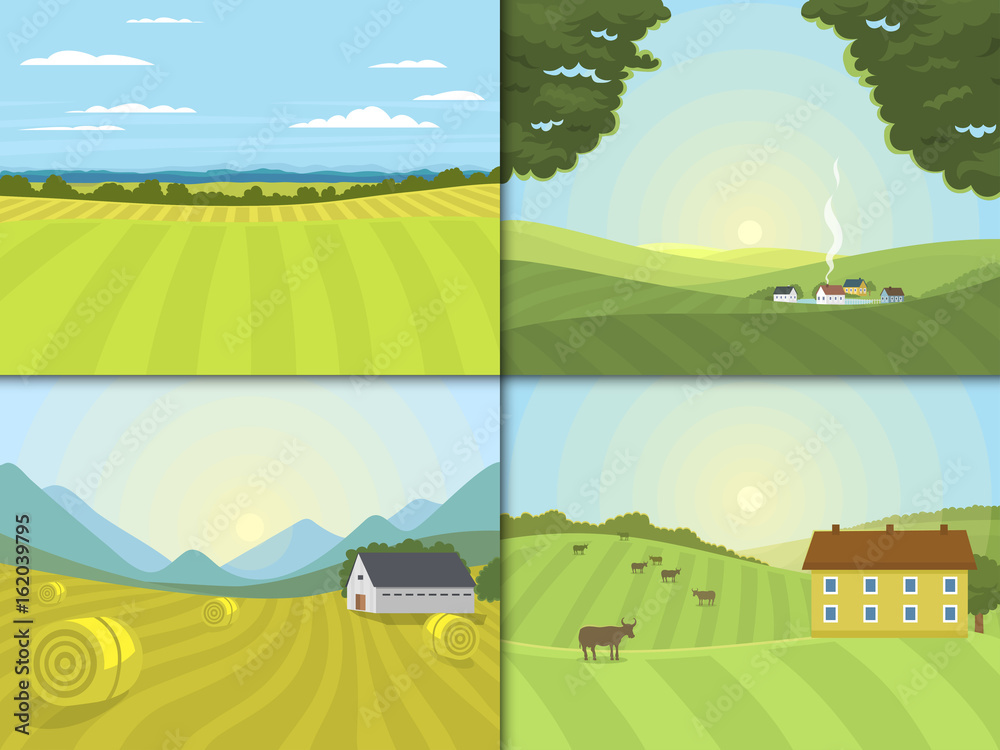 Village landscapes vector illustration farm field and houses agriculture graphic country side