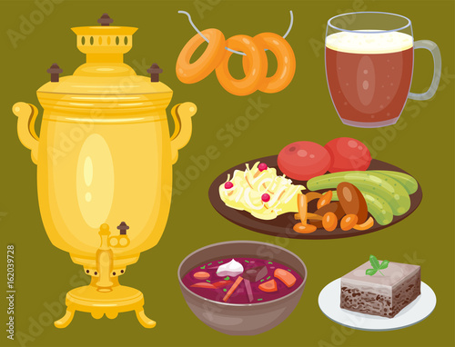 Traditional Russian cuisine culture dish course food welcome to Russia gourmet national meal vector illustration
