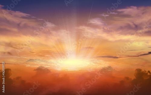 Fototapeta Naklejka Na Ścianę i Meble -  Dramatic nature background .  Sunset or sunrise with clouds, light rays and other atmospheric effect . Light from sky . Religion background  . Light in dark sky . beautiful cloud