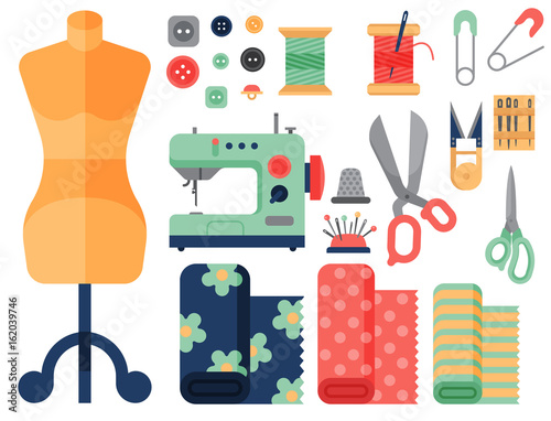 Thread supplies accessories sewing equipment tailoring fashion pin craft needlework vector illustration.