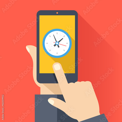 Clock on smartphone screen. Hand holding smartphone, finger touching screen. Modern flat design concept with long shadow. Vector illustration
