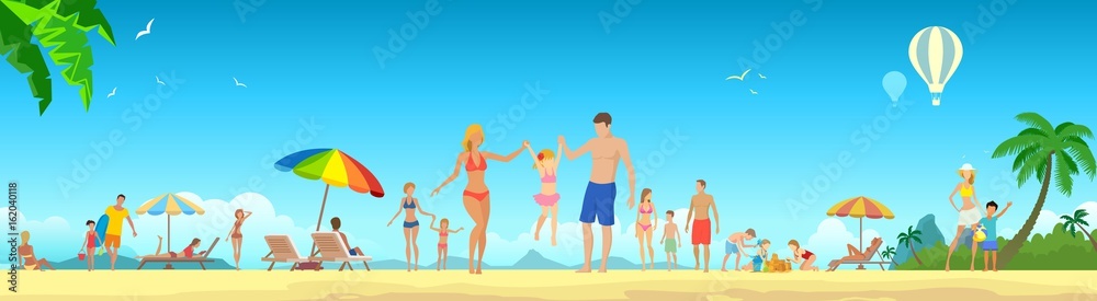 Summer holiday. People on the beach - obrazy, fototapety, plakaty 