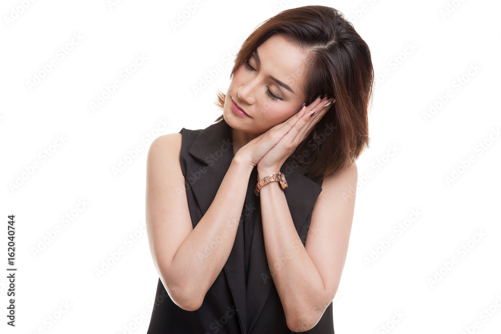 Beautiful young Asian woman with sleeping gesture. Beautiful young Asian woman with sleeping gesture.