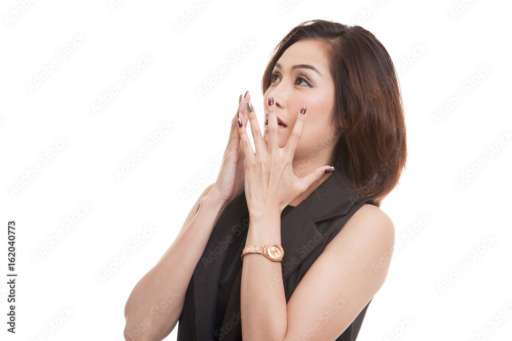 Beautiful young Asian woman shocked and look up. Beautiful young Asian woman shocked and look up.