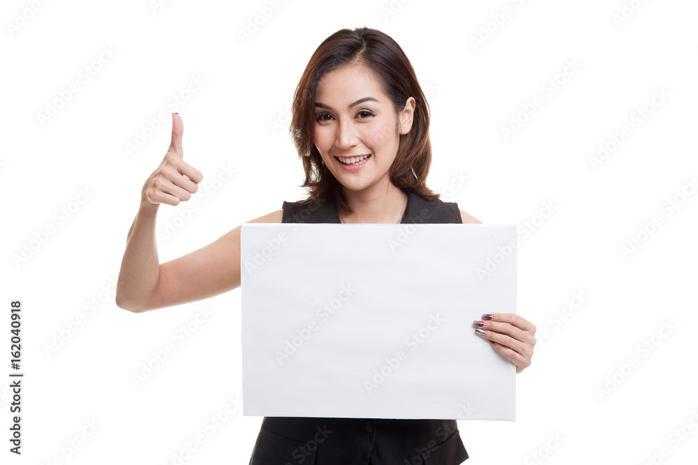 Young Asian woman show thumbs up with white blank sign. Young Asian woman show thumbs up with white blank sign.