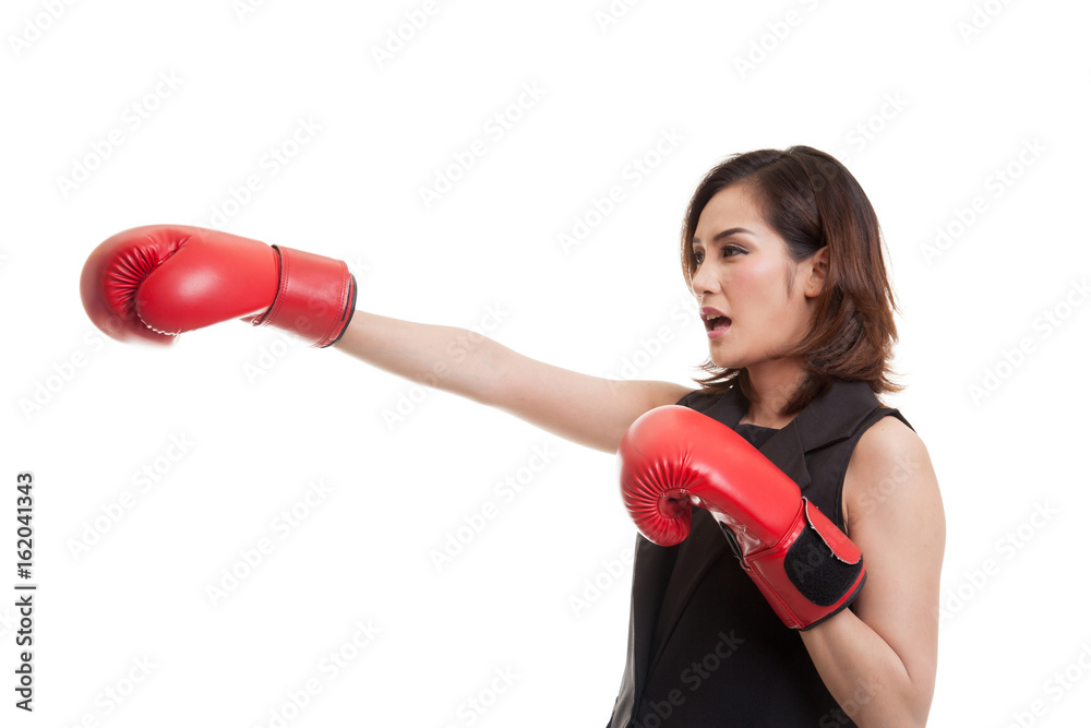 Young Asian woman with red boxing gloves. Young Asian woman with red boxing gloves.