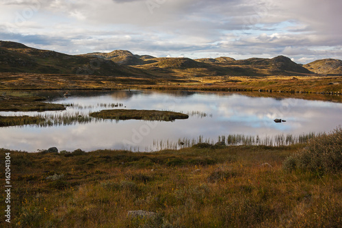 Calm lake on brown tundra background in mountain Hardangervidda Plateau, national park Norway