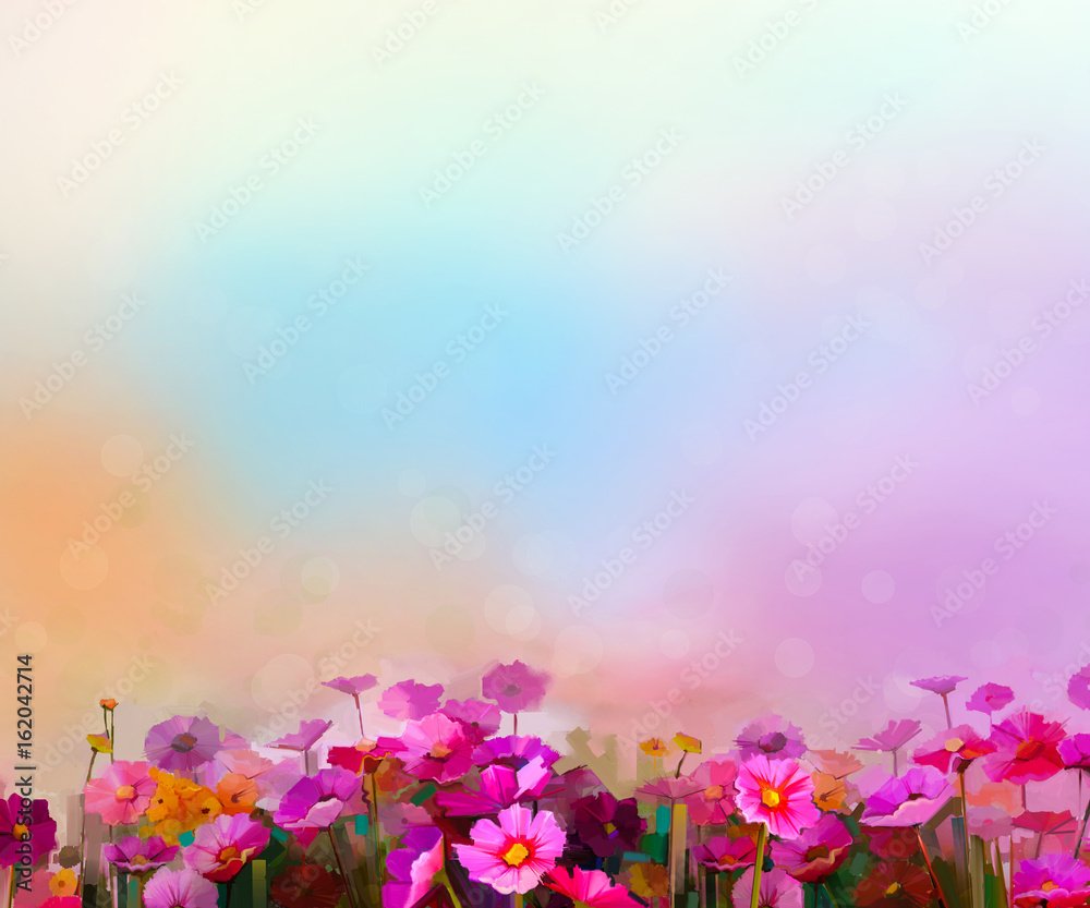 Abstract colorful oil painting red, pink cosmos flower, daisy, wildflower in field. Blurry  wildflowers at meadow with soft blue sky. Spring, summer season nature background.