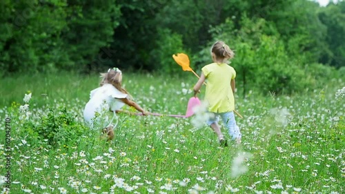 On the green, chamomile lawn, children run around with nets, try to catch butterflies, grasshoppers. They run, jump, fool around. They have fun. Summer, outdoors, in the forest. Vacation with children photo