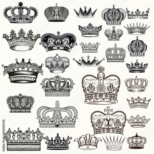 Mega set of hand drawn crowns in vintage engraved style