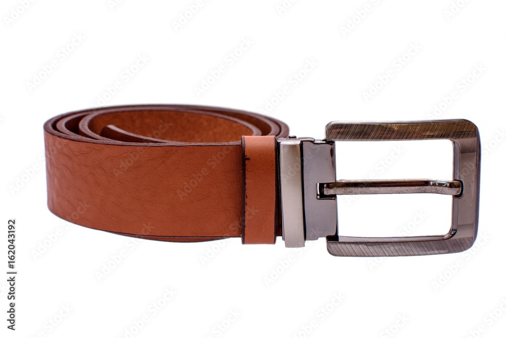 Fashionable male brown gray leather belt isolated on white background Fashionable male brown gray leather belt isolated on white background